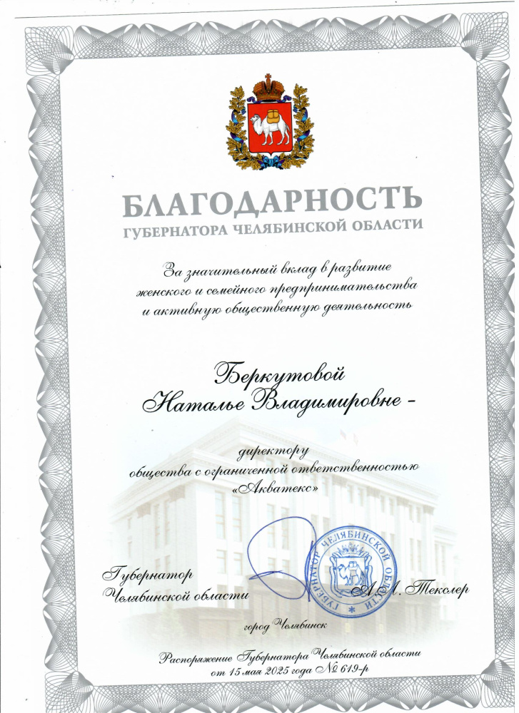 Благодарность от Губернатора Челябинской области